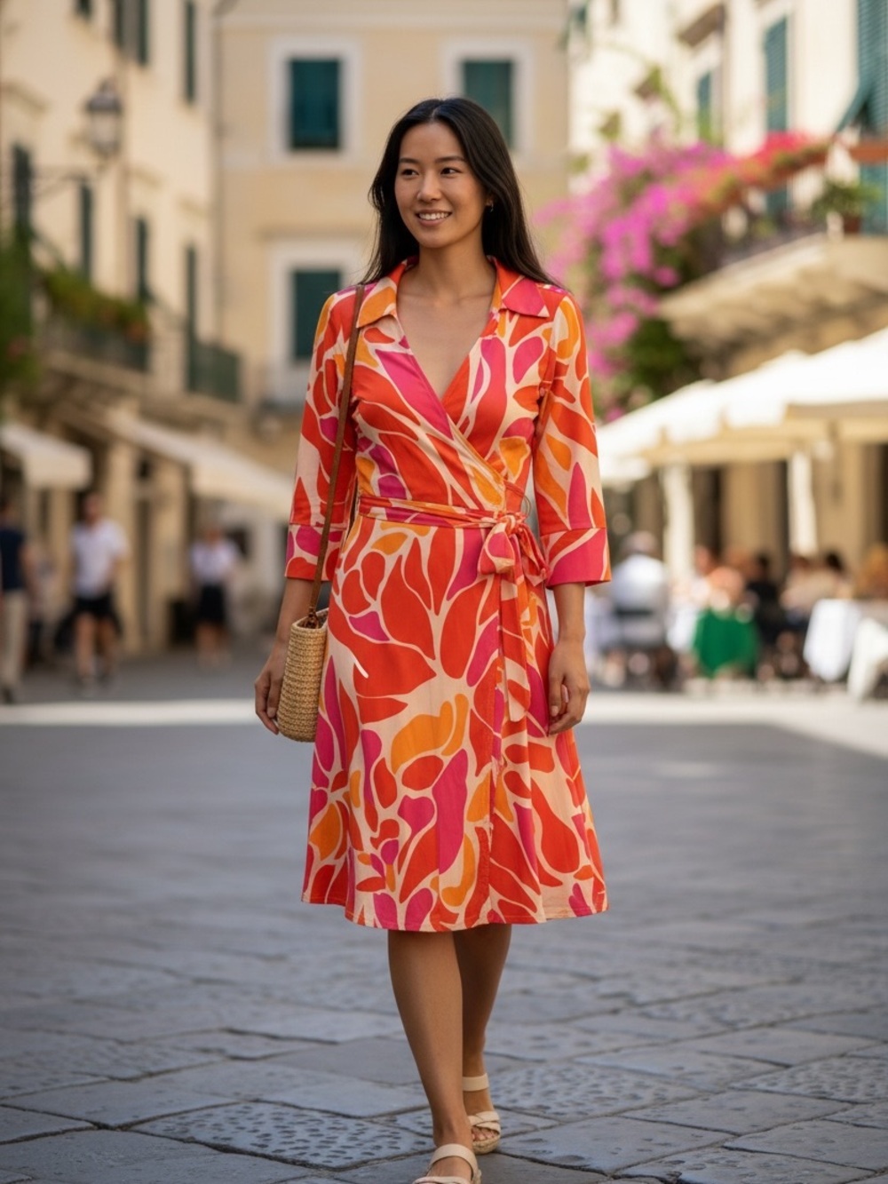 Laundry By Shelli Segal Pink Orange Abstract Floral Wrap Midi Dress